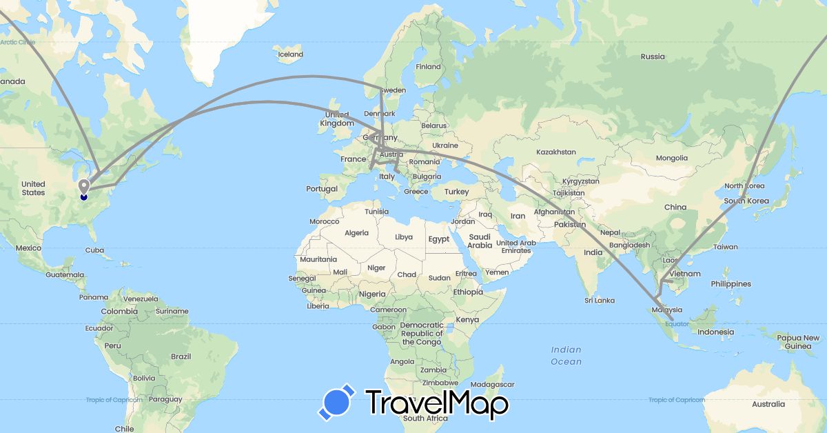 TravelMap itinerary: driving, plane in Austria, Canada, Switzerland, Germany, United Kingdom, Croatia, Italy, Cambodia, South Korea, Norway, Singapore, Slovenia, Thailand, United States (Asia, Europe, North America)